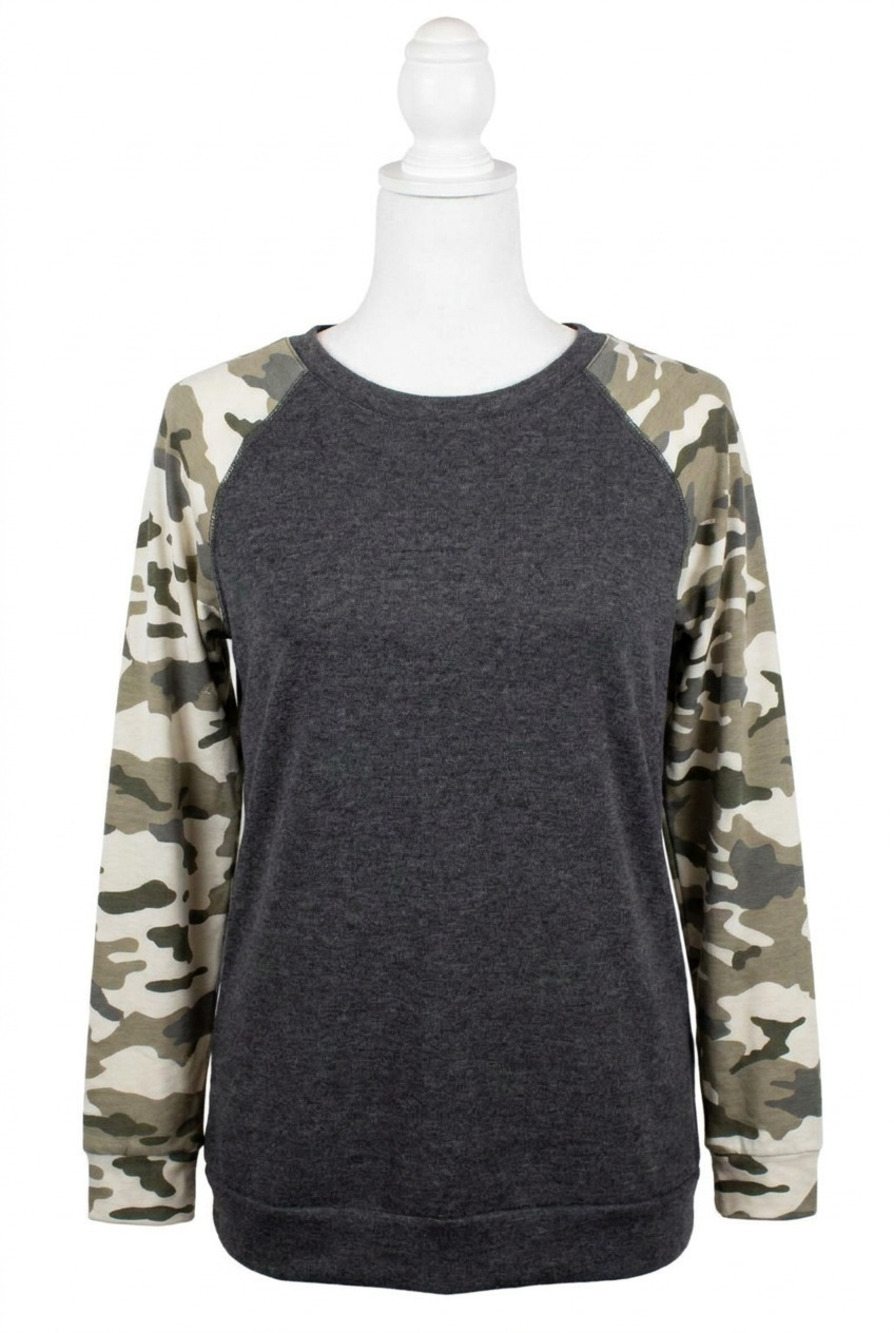 NEW MICHELLE MAE camo sleeve pullover in grey